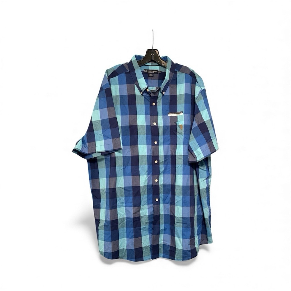 US Polo Men's Classic Stretch Plaid Blue Short Sleeve Shirt XXL